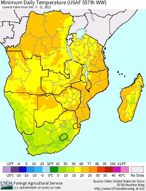 Southern Africa Minimum Daily Temperature (USAF 557th WW) Thematic Map For 12/5/2022 - 12/11/2022