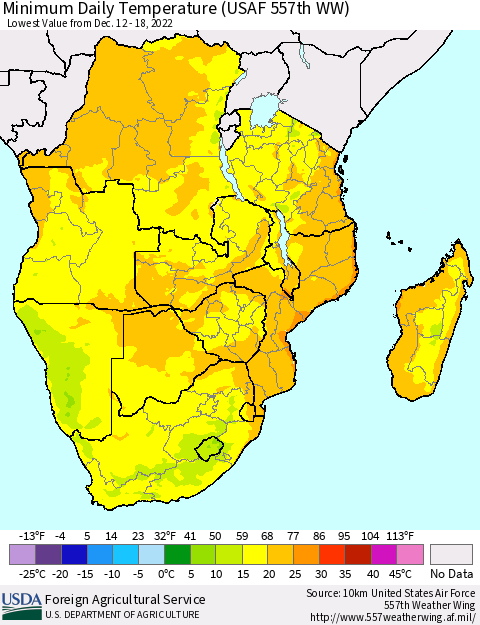 Southern Africa Minimum Daily Temperature (USAF 557th WW) Thematic Map For 12/12/2022 - 12/18/2022