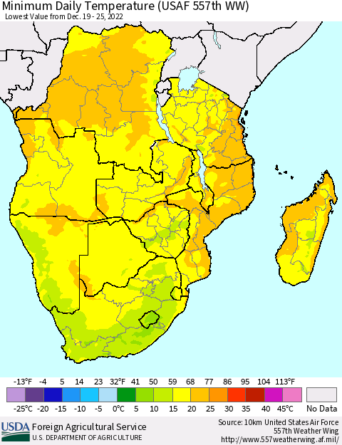 Southern Africa Minimum Daily Temperature (USAF 557th WW) Thematic Map For 12/19/2022 - 12/25/2022