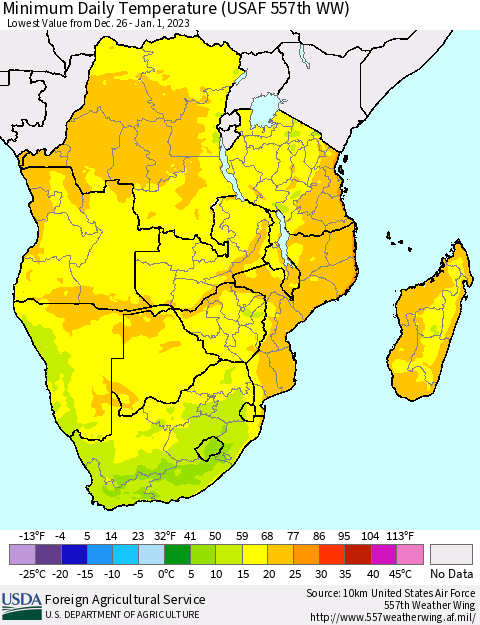 Southern Africa Minimum Daily Temperature (USAF 557th WW) Thematic Map For 12/26/2022 - 1/1/2023