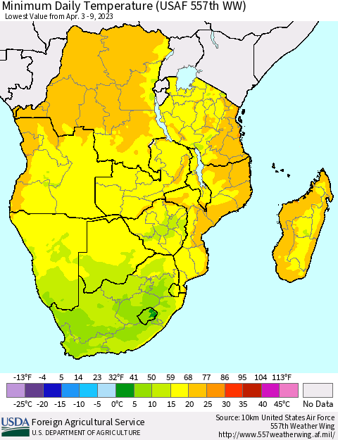 Southern Africa Minimum Daily Temperature (USAF 557th WW) Thematic Map For 4/3/2023 - 4/9/2023