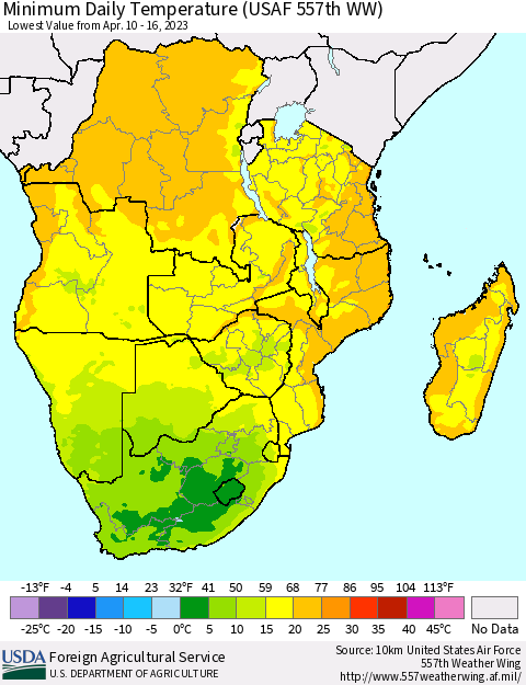 Southern Africa Minimum Daily Temperature (USAF 557th WW) Thematic Map For 4/10/2023 - 4/16/2023