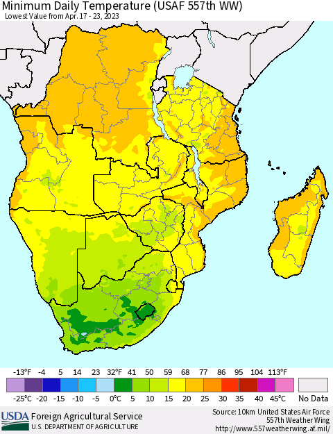 Southern Africa Minimum Daily Temperature (USAF 557th WW) Thematic Map For 4/17/2023 - 4/23/2023