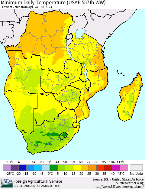 Southern Africa Minimum Daily Temperature (USAF 557th WW) Thematic Map For 4/24/2023 - 4/30/2023