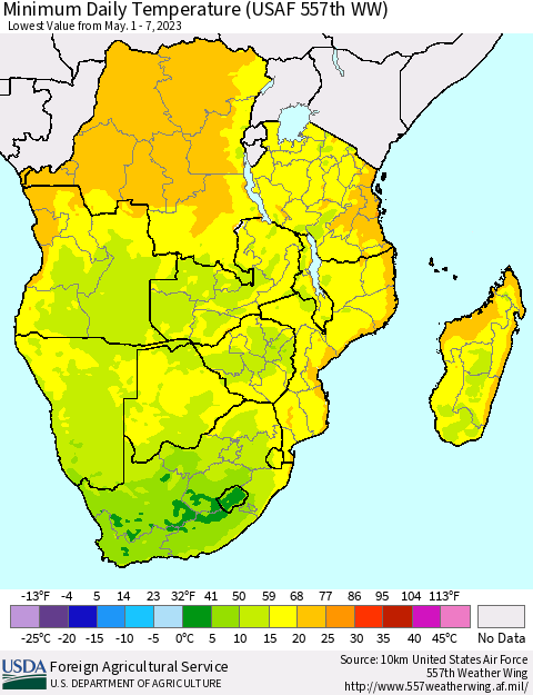Southern Africa Minimum Daily Temperature (USAF 557th WW) Thematic Map For 5/1/2023 - 5/7/2023