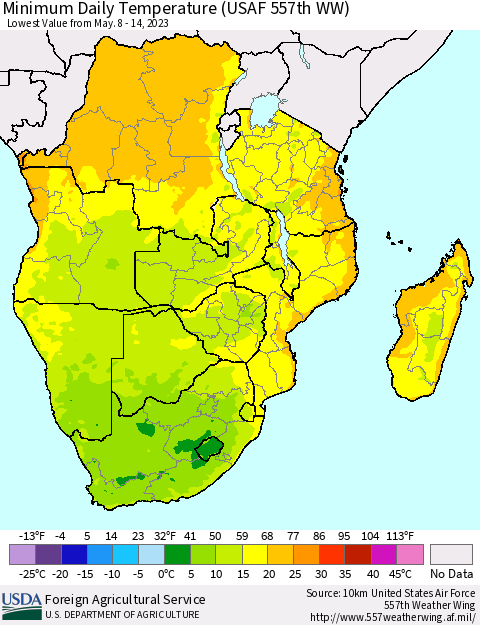 Southern Africa Minimum Daily Temperature (USAF 557th WW) Thematic Map For 5/8/2023 - 5/14/2023