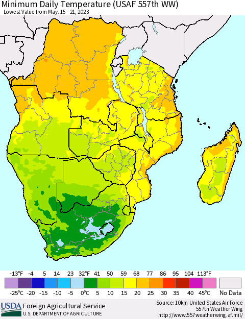 Southern Africa Minimum Daily Temperature (USAF 557th WW) Thematic Map For 5/15/2023 - 5/21/2023