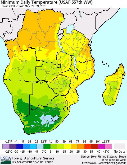 Southern Africa Minimum Daily Temperature (USAF 557th WW) Thematic Map For 5/22/2023 - 5/28/2023
