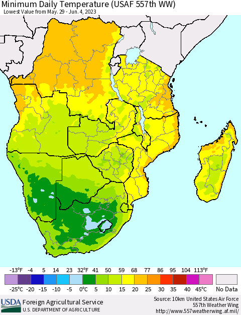 Southern Africa Minimum Daily Temperature (USAF 557th WW) Thematic Map For 5/29/2023 - 6/4/2023