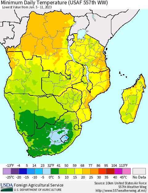Southern Africa Minimum Daily Temperature (USAF 557th WW) Thematic Map For 6/5/2023 - 6/11/2023