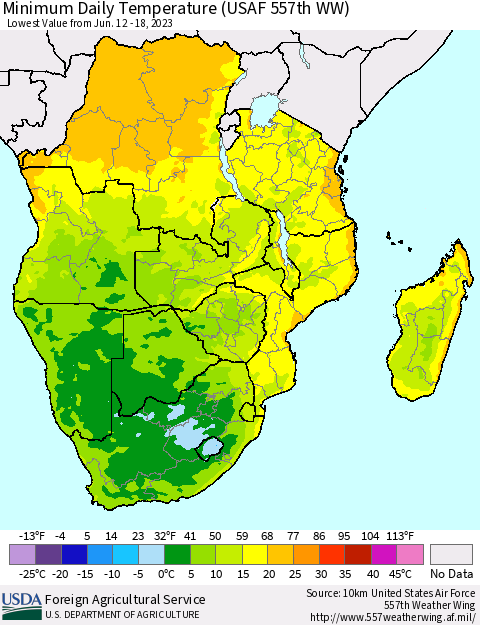 Southern Africa Minimum Daily Temperature (USAF 557th WW) Thematic Map For 6/12/2023 - 6/18/2023