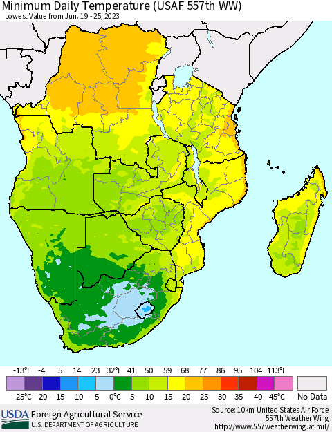 Southern Africa Minimum Daily Temperature (USAF 557th WW) Thematic Map For 6/19/2023 - 6/25/2023