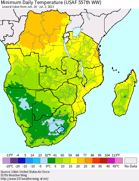Southern Africa Minimum Daily Temperature (USAF 557th WW) Thematic Map For 6/26/2023 - 7/2/2023