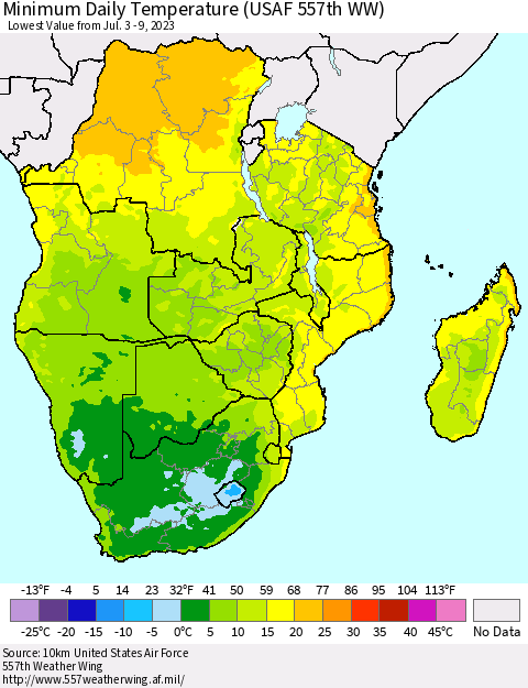 Southern Africa Minimum Daily Temperature (USAF 557th WW) Thematic Map For 7/3/2023 - 7/9/2023