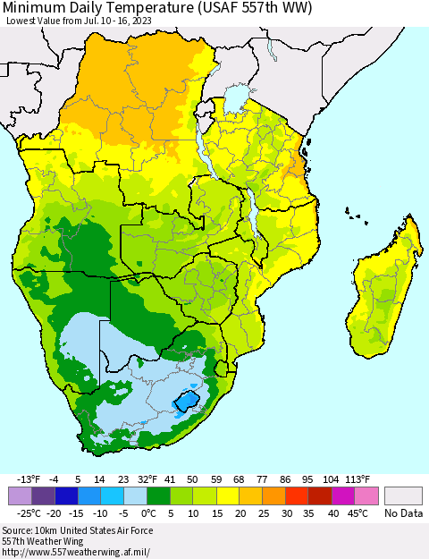 Southern Africa Minimum Daily Temperature (USAF 557th WW) Thematic Map For 7/10/2023 - 7/16/2023