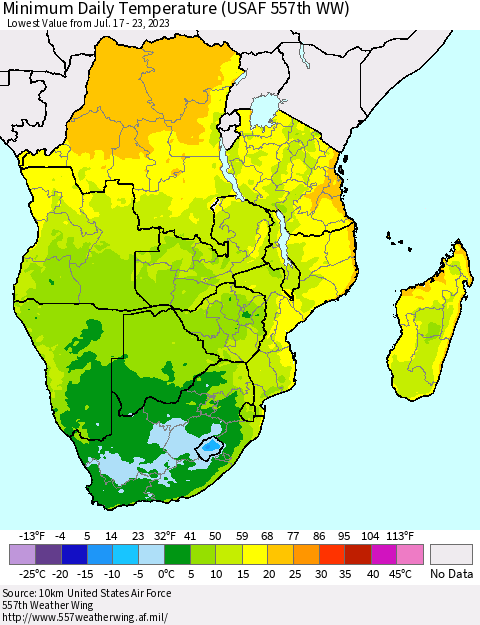 Southern Africa Minimum Daily Temperature (USAF 557th WW) Thematic Map For 7/17/2023 - 7/23/2023