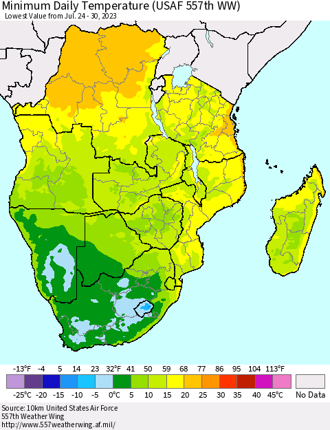 Southern Africa Minimum Daily Temperature (USAF 557th WW) Thematic Map For 7/24/2023 - 7/30/2023