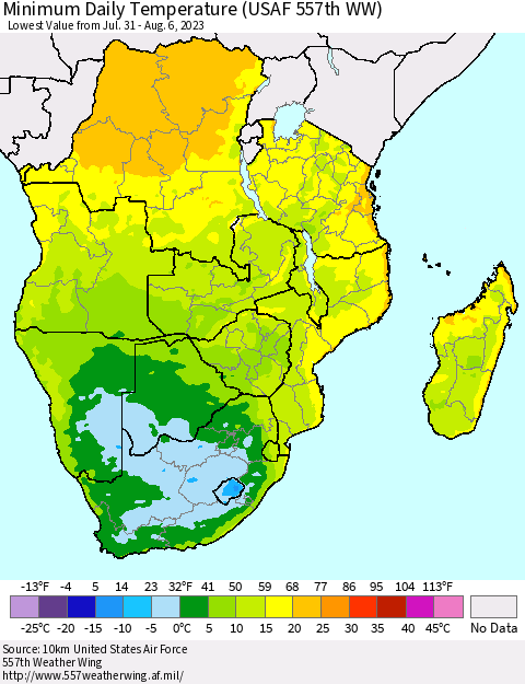 Southern Africa Minimum Daily Temperature (USAF 557th WW) Thematic Map For 7/31/2023 - 8/6/2023
