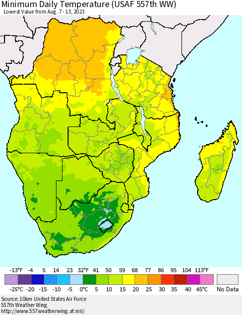 Southern Africa Minimum Daily Temperature (USAF 557th WW) Thematic Map For 8/7/2023 - 8/13/2023