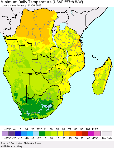 Southern Africa Minimum Daily Temperature (USAF 557th WW) Thematic Map For 8/14/2023 - 8/20/2023