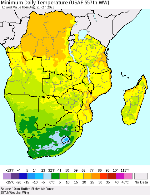 Southern Africa Minimum Daily Temperature (USAF 557th WW) Thematic Map For 8/21/2023 - 8/27/2023