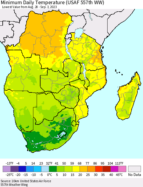 Southern Africa Minimum Daily Temperature (USAF 557th WW) Thematic Map For 8/28/2023 - 9/3/2023