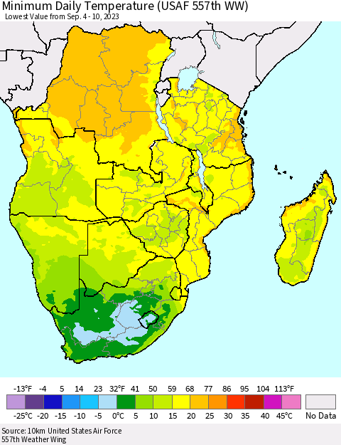 Southern Africa Minimum Daily Temperature (USAF 557th WW) Thematic Map For 9/4/2023 - 9/10/2023