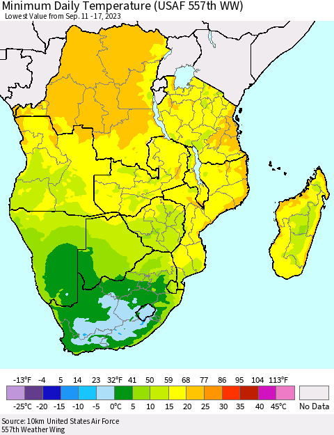 Southern Africa Minimum Daily Temperature (USAF 557th WW) Thematic Map For 9/11/2023 - 9/17/2023
