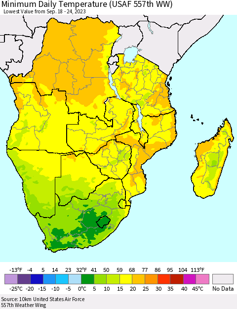 Southern Africa Minimum Daily Temperature (USAF 557th WW) Thematic Map For 9/18/2023 - 9/24/2023