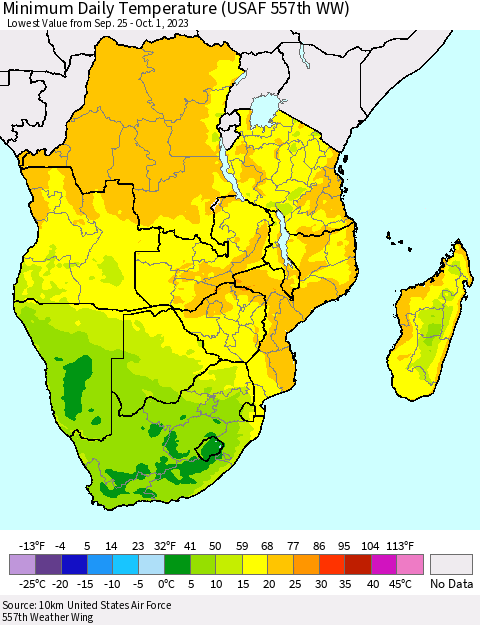 Southern Africa Minimum Daily Temperature (USAF 557th WW) Thematic Map For 9/25/2023 - 10/1/2023