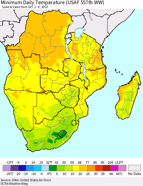 Southern Africa Minimum Daily Temperature (USAF 557th WW) Thematic Map For 10/2/2023 - 10/8/2023