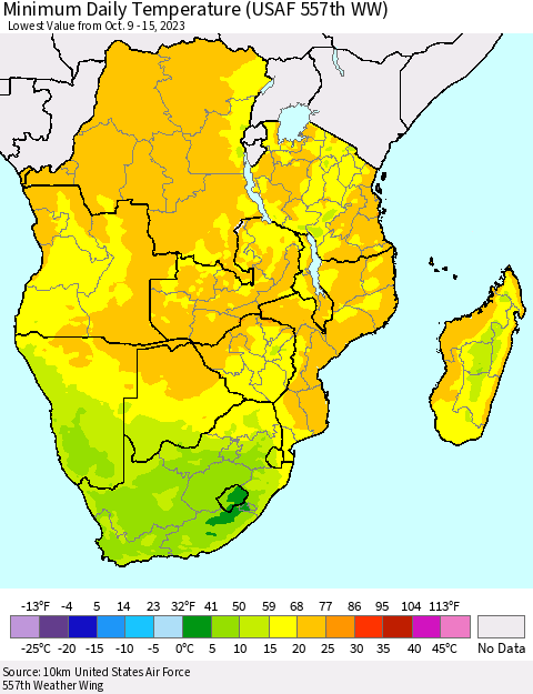 Southern Africa Minimum Daily Temperature (USAF 557th WW) Thematic Map For 10/9/2023 - 10/15/2023