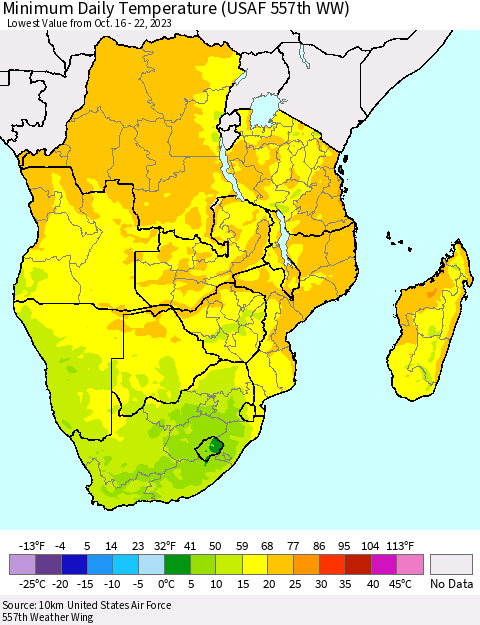 Southern Africa Minimum Daily Temperature (USAF 557th WW) Thematic Map For 10/16/2023 - 10/22/2023