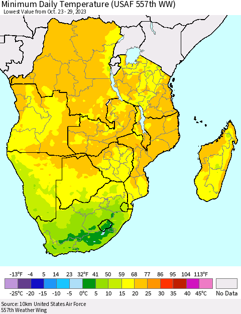 Southern Africa Minimum Daily Temperature (USAF 557th WW) Thematic Map For 10/23/2023 - 10/29/2023