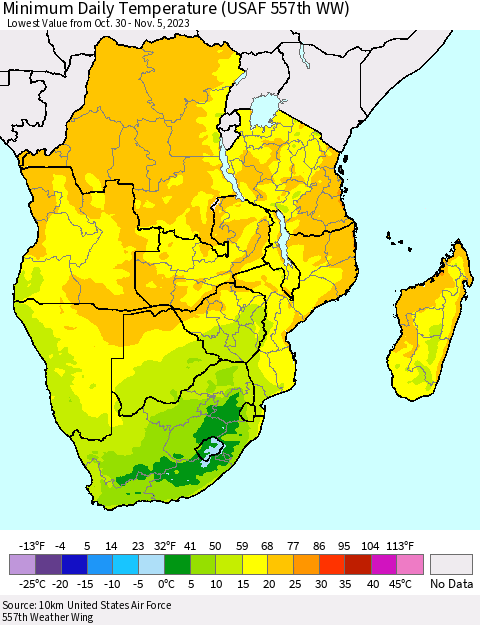 Southern Africa Minimum Daily Temperature (USAF 557th WW) Thematic Map For 10/30/2023 - 11/5/2023