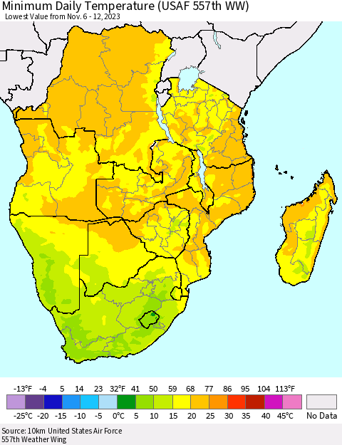 Southern Africa Minimum Daily Temperature (USAF 557th WW) Thematic Map For 11/6/2023 - 11/12/2023