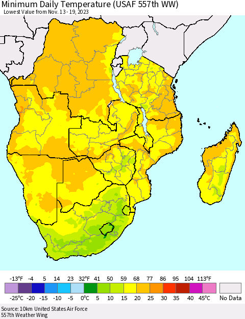 Southern Africa Minimum Daily Temperature (USAF 557th WW) Thematic Map For 11/13/2023 - 11/19/2023