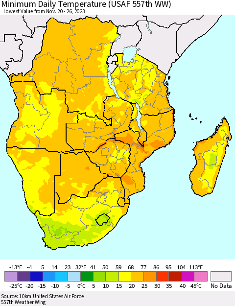 Southern Africa Minimum Daily Temperature (USAF 557th WW) Thematic Map For 11/20/2023 - 11/26/2023