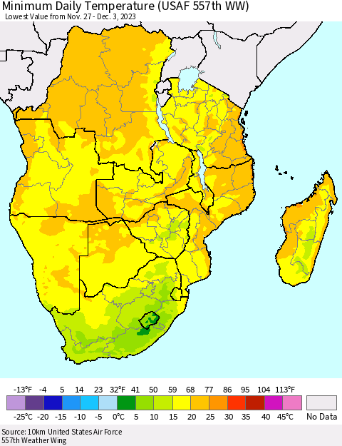 Southern Africa Minimum Daily Temperature (USAF 557th WW) Thematic Map For 11/27/2023 - 12/3/2023
