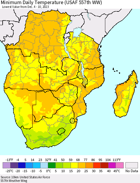 Southern Africa Minimum Daily Temperature (USAF 557th WW) Thematic Map For 12/4/2023 - 12/10/2023