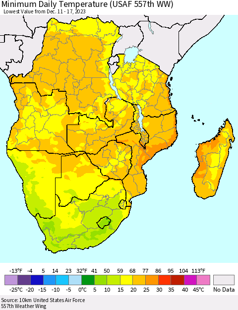 Southern Africa Minimum Daily Temperature (USAF 557th WW) Thematic Map For 12/11/2023 - 12/17/2023