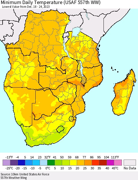 Southern Africa Minimum Daily Temperature (USAF 557th WW) Thematic Map For 12/18/2023 - 12/24/2023