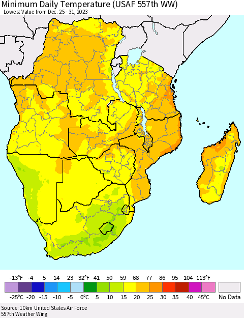 Southern Africa Minimum Daily Temperature (USAF 557th WW) Thematic Map For 12/25/2023 - 12/31/2023