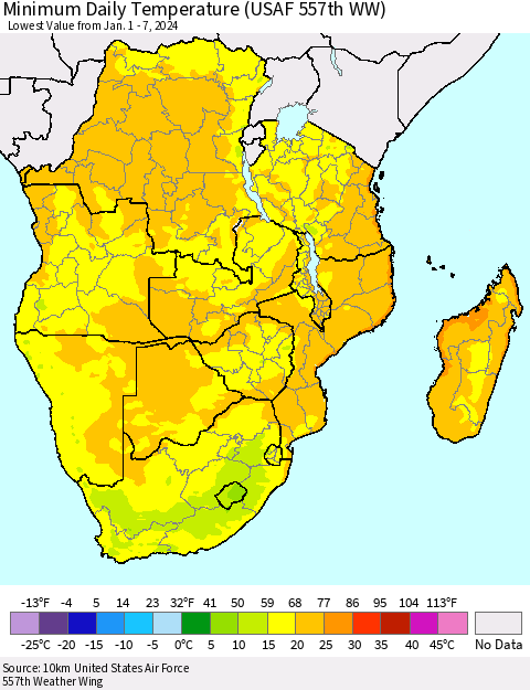 Southern Africa Minimum Daily Temperature (USAF 557th WW) Thematic Map For 1/1/2024 - 1/7/2024