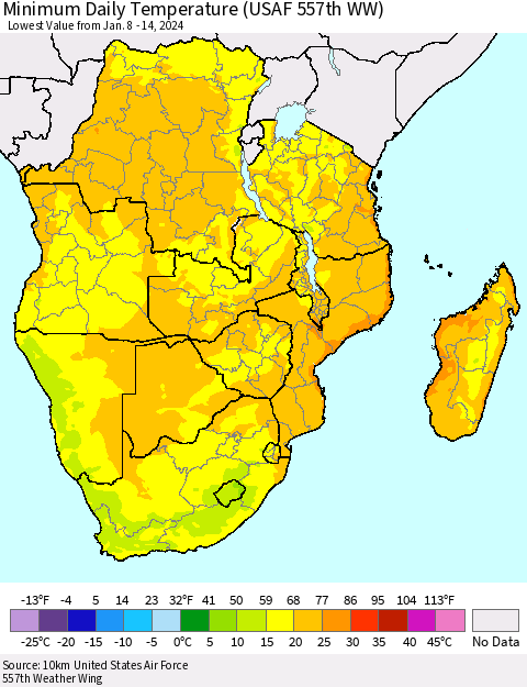 Southern Africa Minimum Daily Temperature (USAF 557th WW) Thematic Map For 1/8/2024 - 1/14/2024