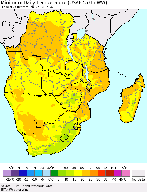 Southern Africa Minimum Daily Temperature (USAF 557th WW) Thematic Map For 1/22/2024 - 1/28/2024
