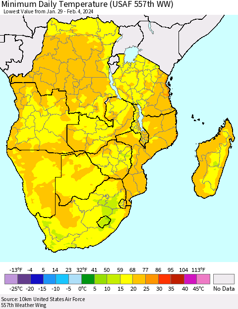 Southern Africa Minimum Daily Temperature (USAF 557th WW) Thematic Map For 1/29/2024 - 2/4/2024