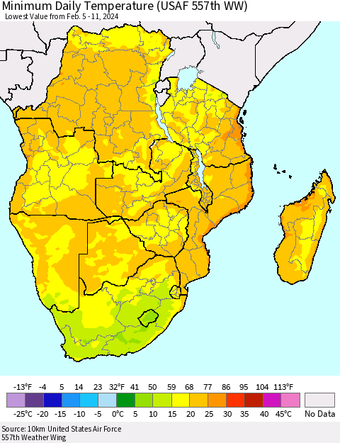 Southern Africa Minimum Daily Temperature (USAF 557th WW) Thematic Map For 2/5/2024 - 2/11/2024