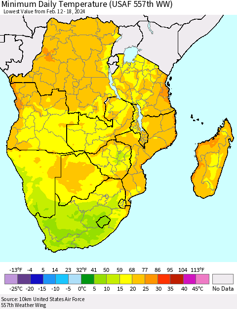 Southern Africa Minimum Daily Temperature (USAF 557th WW) Thematic Map For 2/12/2024 - 2/18/2024