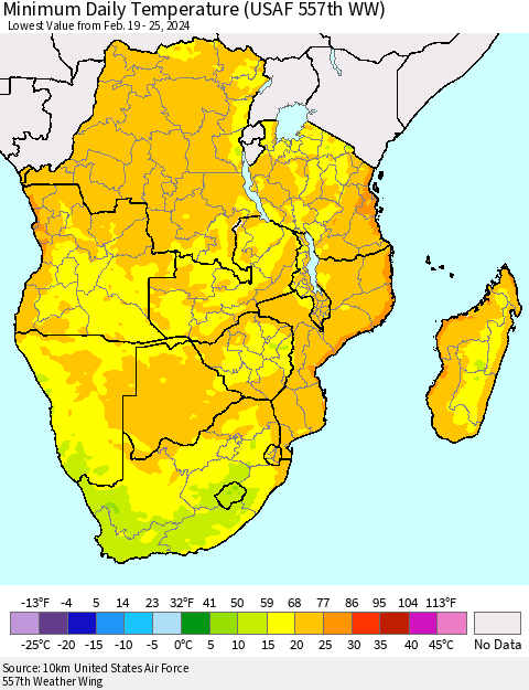 Southern Africa Minimum Daily Temperature (USAF 557th WW) Thematic Map For 2/19/2024 - 2/25/2024
